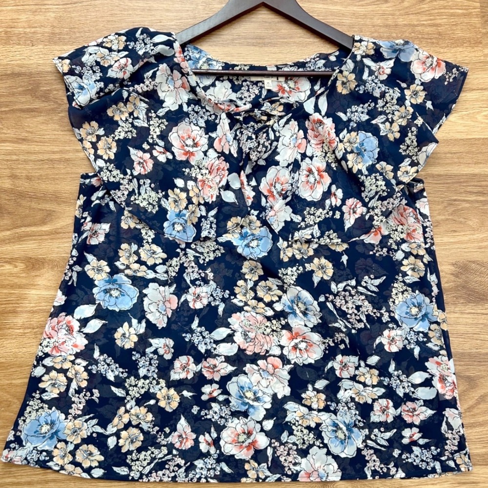 Womens Boho Floral Ruffle Blouse XL Navy Blue Lace Up Flutter Sleeve Cleo & Kai
